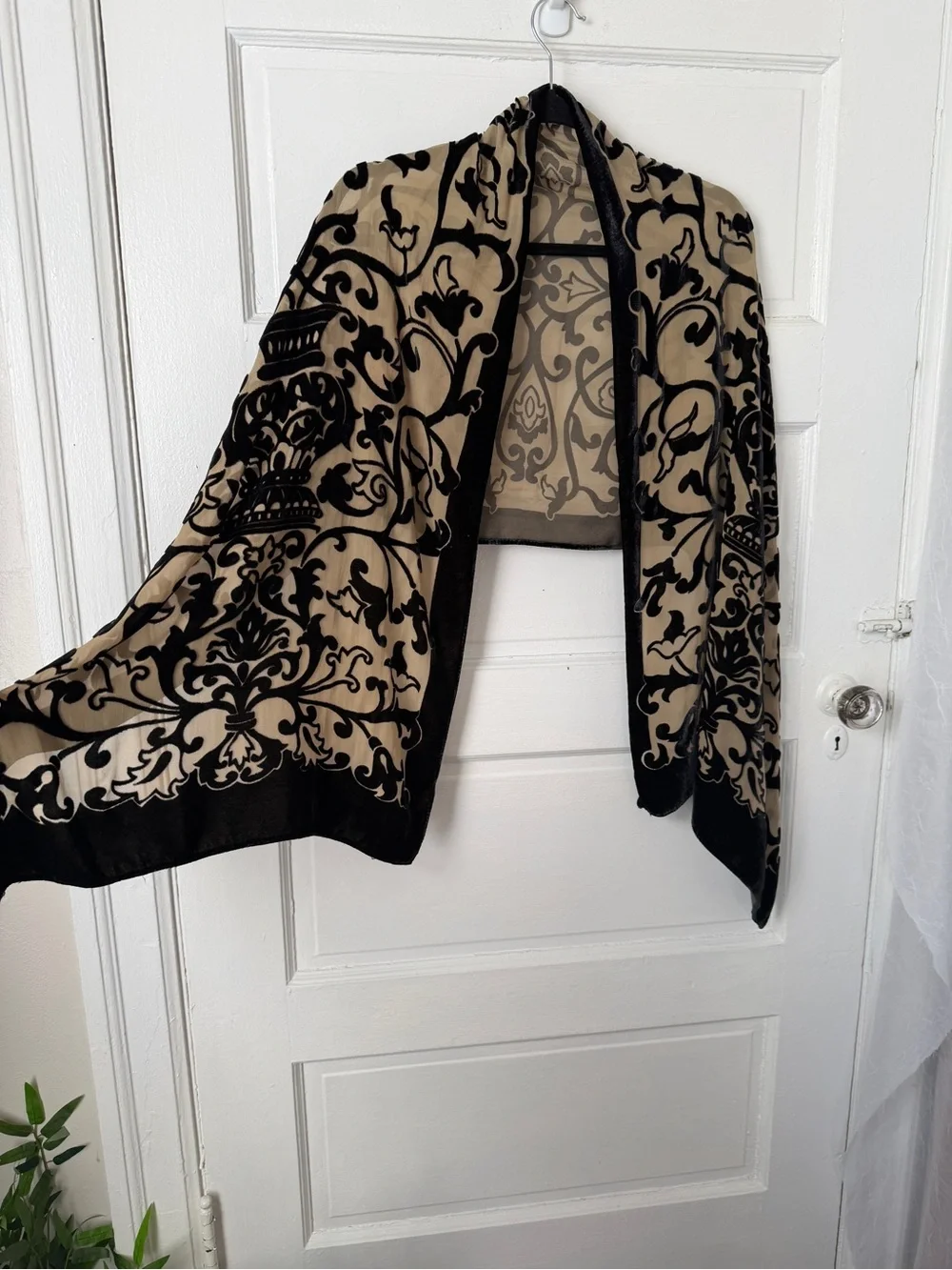 Silk Blend Velvet Burnout Scarf Wrap Beige & Black Damask Paisley Print Regal